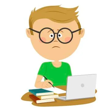 Unhappy pupil sitting at the desk with stack of books and loptop Stock Illustration