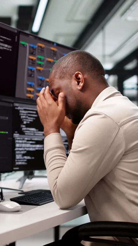 Unhappy Sad Developer Programmer Man In Stress Coding Software Stock Footage 311186701