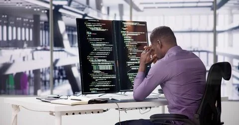 Unhappy Sad Developer Programmer Man In Stress Coding Software 스톡 사진