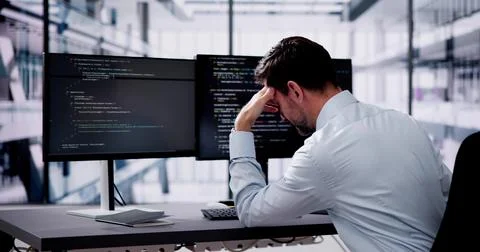 Unhappy Sad Developer Programmer Man In Stress Coding Software Stock Photos
