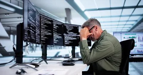 Unhappy Sad Developer Programmer Man In Stress Coding Software On Computer Stockfoto's