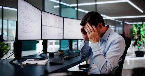 Unhappy Sad Developer Programmer Man In Stress Coding Software Stock Photos