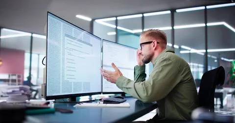 Unhappy Sad Developer Programmer Man In Stress Coding Software Stockfoto's