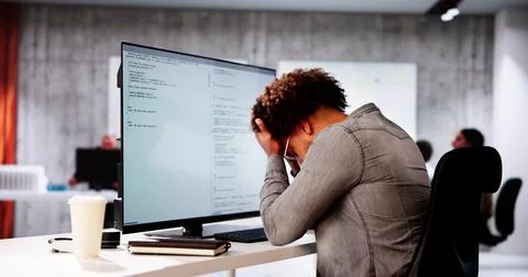 Unhappy Sad Developer Programmer Man In Stress Coding Software 스톡 사진