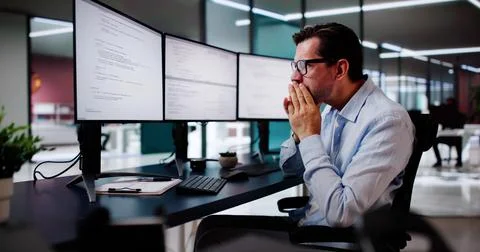 Unhappy Sad Developer Programmer Man In Stress Coding Software Stock Photos