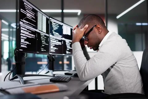 Unhappy Sad Developer Programmer Man In Stress Coding Software Stock Photos