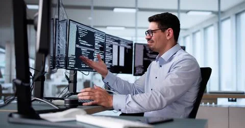 Unhappy Sad Developer Programmer Man In Stress Coding Software Stockfoto's