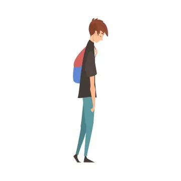 Unhappy Sad Guy Standing with Backpack, Depressed Teenager Having Problems Stock Illustration