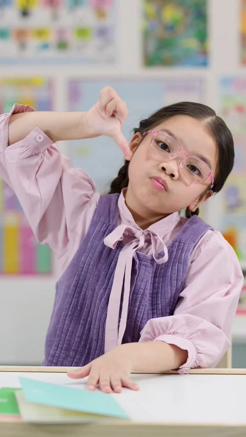Unhappy Schoolgirl Giving Thumbs Down in Classroom Closeup Stock Footage 327770785