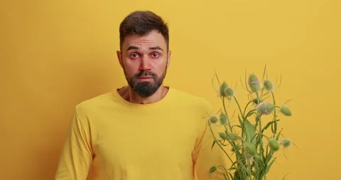 Unhappy sick man suffers from allergy symptoms sneezes has runny nose red eyes Stock Footage 157942198