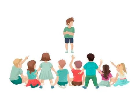 Unhappy student stands in front of the class, the children sit back. Vector Stock Illustration