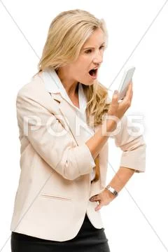Unhappy woman fighting using mobile phone isolated on white background Stock Photos
