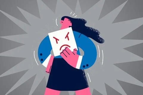 Unhappy woman hold paper with angry emoticon Stock Illustration