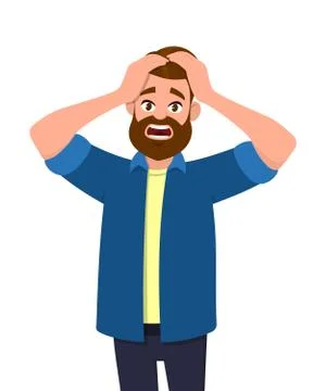 Unhappy young man squeezing head with hands. Emotions concept cartoon. Stock Illustration
