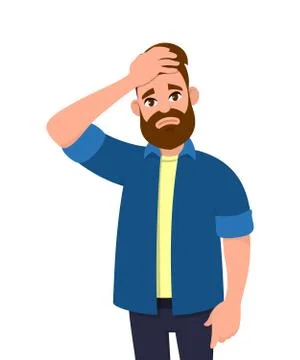 Unhappy young man squeezing head with hands. Emotions concept cartoon. Stock Illustration