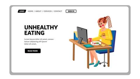 Unhealthy Eating Lunch At Computer Table Vector 스톡 일러스트
