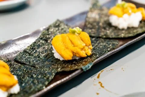 Uni sushi or Egg shells sushi Stock Photos