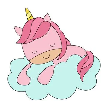A unicorn behind the sleeping cloud at white background Stock Illustration