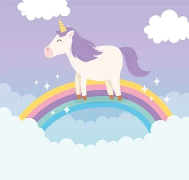 Unicorn bright rainbow clouds sky magical fantasy cartoon cute animal Stock Illustration