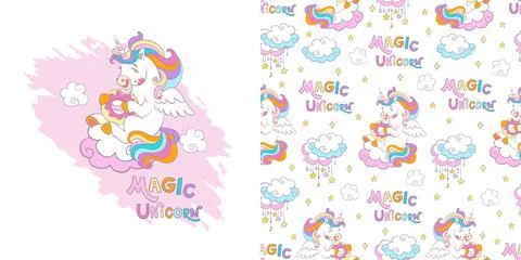 Unicorn character and seamless pattern vector illustration Stock Illustration