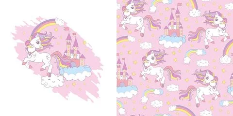 Unicorn character and seamless pattern illustration Stock Illustration