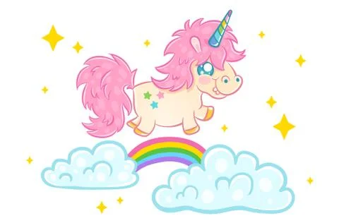 Unicorn on clouds with rainbow Stock Illustration