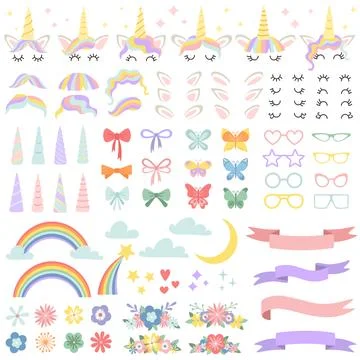 Unicorn constructor. Pony mane styling bundle, unicorns horn and party star.. Stock Illustration