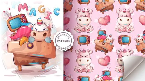 Unicorn in the cupboard - seamless pattern Stock Illustration