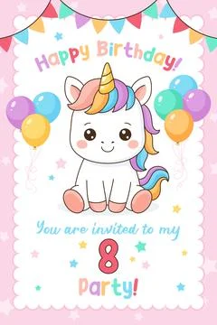 Unicorn cute illustration. Vector card design. Magical birthday party. Stock Illustration