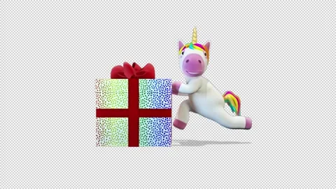Unicorn dragging the gift Video Loop and Alfa Channel 库存影片 163288615