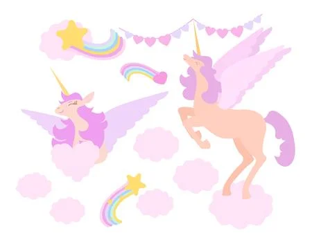 Unicorn with elements in pastel colors style vector set. 스톡 일러스트
