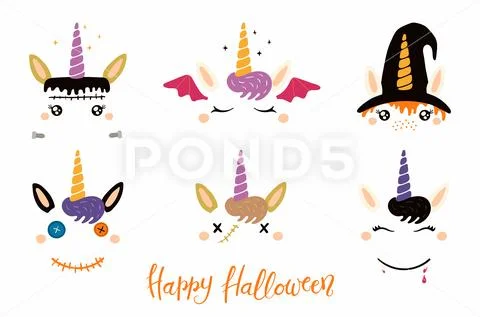 Unicorn face Halloween decoration set Stock Illustration