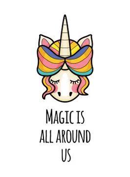 Unicorn face with quotes. vector portrait of a funny unicorn girl with text.  Stock Illustration