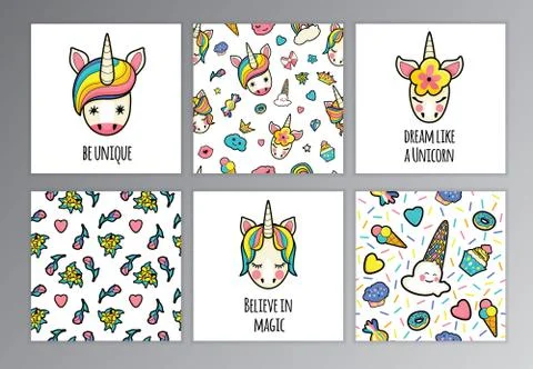 Unicorn face set with quotes. vector portrait of a funny unicorn girl with te Stock Illustration