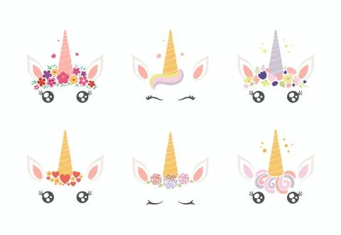 Unicorn faces cake decoration set Stock Illustration