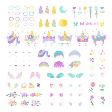 Unicorn faces elements bundle. Unicorns created kit, sweets and floral wreaths Illustrazione stock