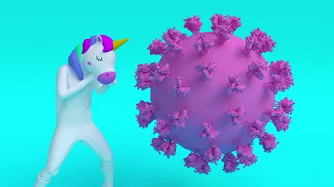 Unicorn fighting against the Coronavirus. Loop animation. 4k animation Stock Footage 135288533