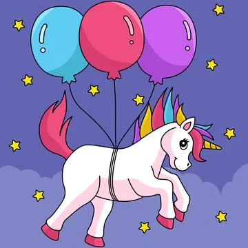 Unicorn Floating With The Balloons Colored Stock Illustration