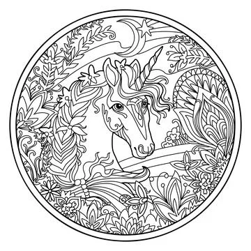 Unicorn in flowers round coloring vector illustration Stock Illustration