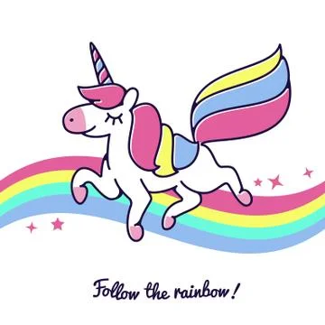 Unicorn flying across rainbow vector cute happy fairytale cartoon horse icon Stock Illustration