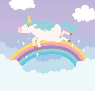 Unicorn flying rainbow clouds magical fantasy cartoon cute animal Stock Illustration