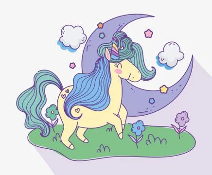 Unicorn half moon clouds meadow flowers fantasy magic cartoon Stock Illustration