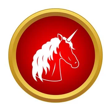 Unicorn head icon in red circle with gold frame Stock Illustration