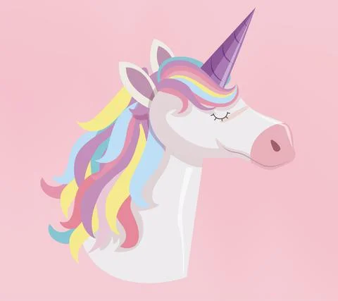 Unicorn head with rainbow mane and horn isolated on pink background Stock Illustration