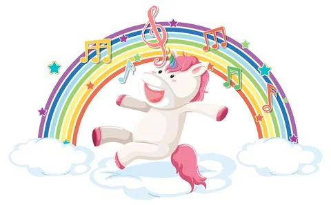 Unicorn jumping on cloud with rainbow and melody symbol Stock Illustration