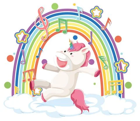 Unicorn jumping on cloud with rainbow and melody symbol Stock Illustration