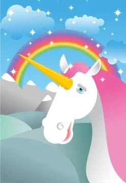 Unicorn on landscape. Rainbow, Fields and meadows. Clouds and sky. Magic anim Stock Illustration