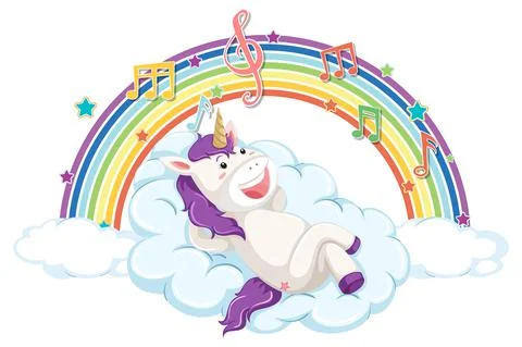 Unicorn laying on cloud with rainbow and melody symbol 스톡 일러스트
