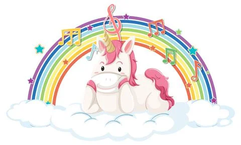 Unicorn laying on cloud with rainbow and melody symbol 스톡 일러스트