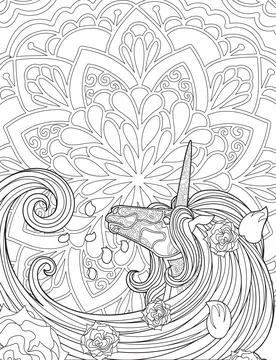 Unicorn Looking Back On A Flower Background With Flowers Over Mane Line Drawing Ilustração Stock